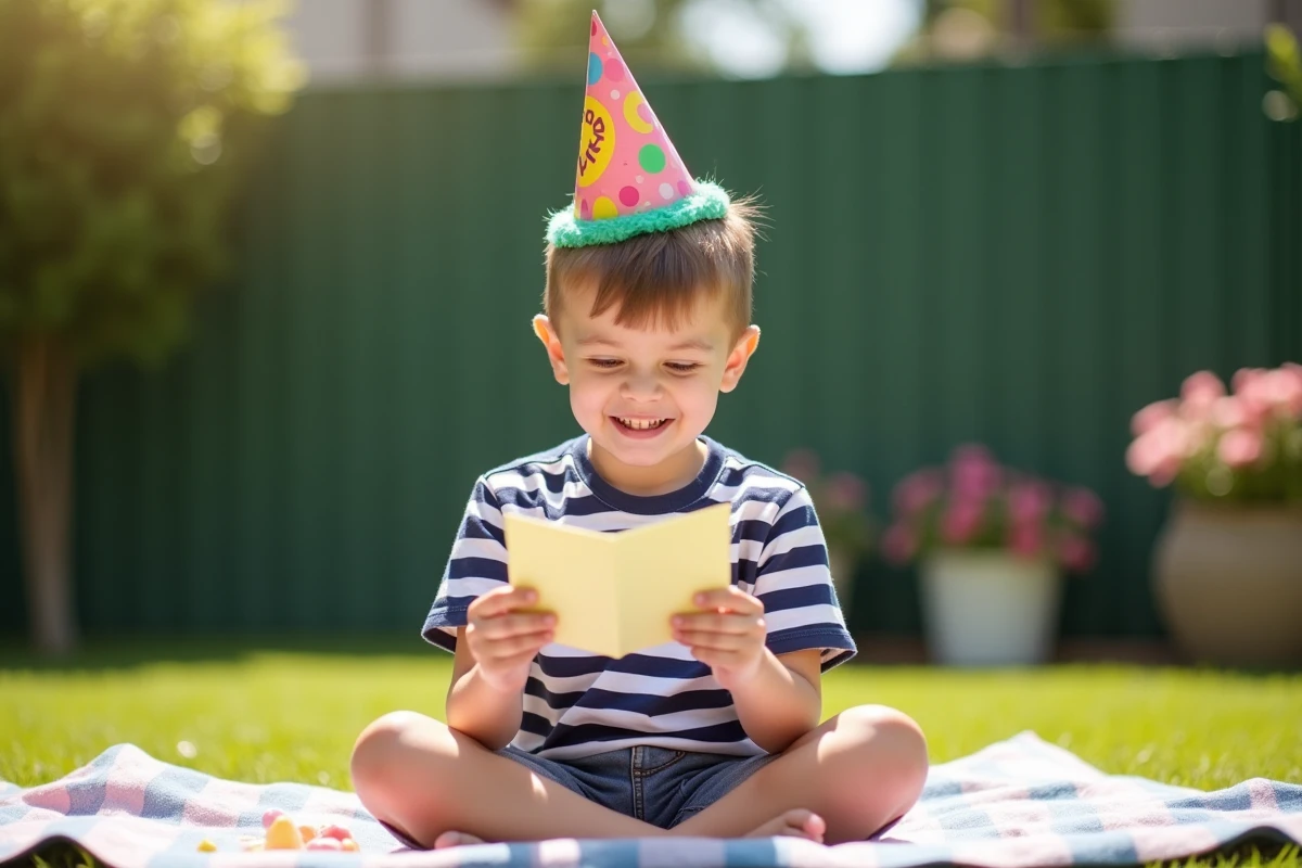 Garçon de 8 ans avec couronne d'anniversaire lisant une blague sur une carte lors d'un goûter en plein air