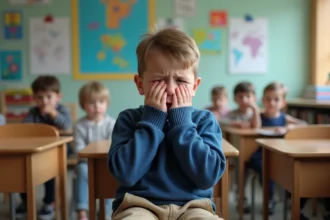 Garçon triste à l'école en classe primaire