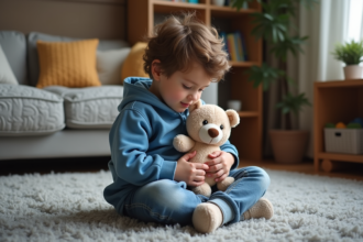 Garçon de 6 ans avec doudou dans un salon familial