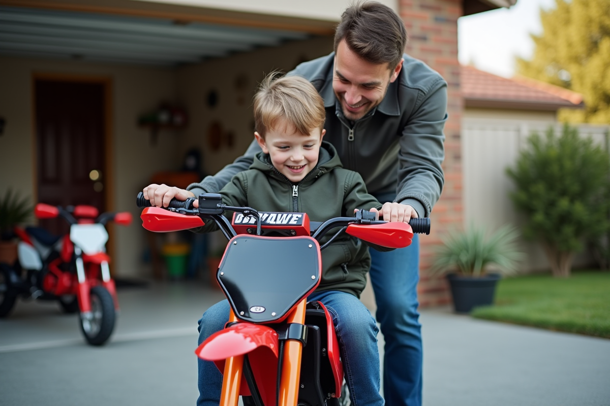 Garçon de 7 ans en motocross examine un vélo peewee 50