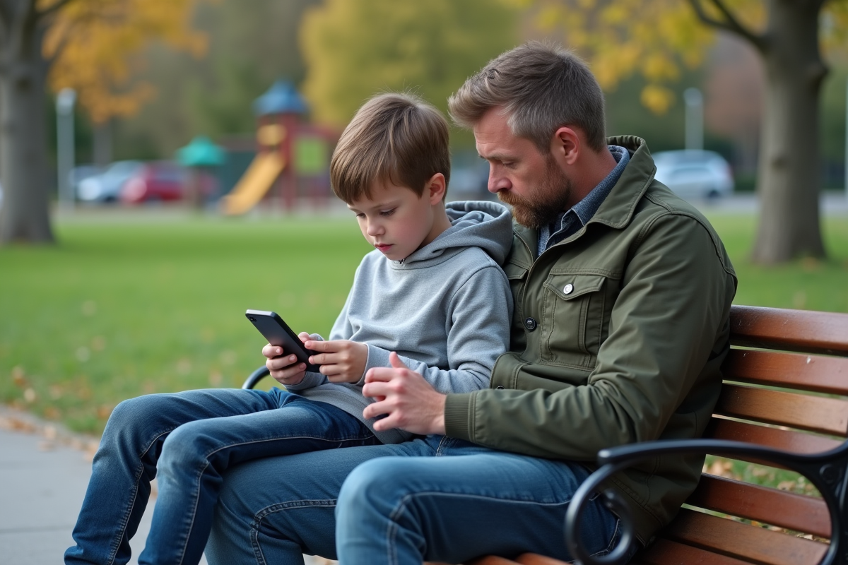 Garçon de 12 ans sur un banc de parc avec son père regardant le téléphone