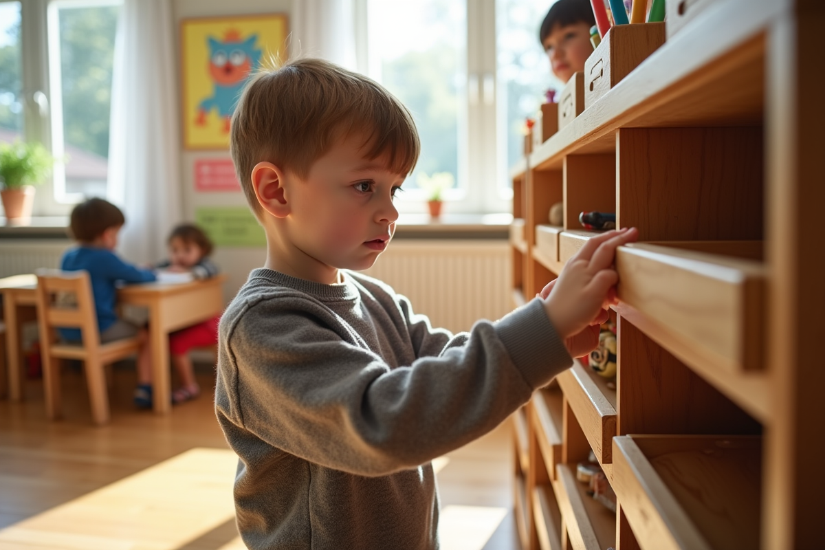 Garçon rangeant du matériel Montessori dans la classe