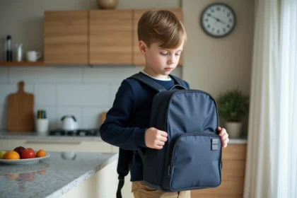 Garçon de 7 ans vérifiant un GPS sur son sac à la maison