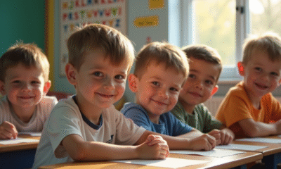 Groupe de garcons souriants en classe lumineuse