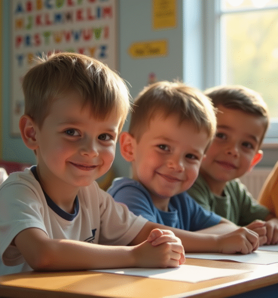 Groupe de garcons souriants en classe lumineuse