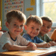 Groupe de garcons souriants en classe lumineuse