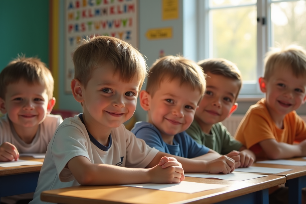Groupe de garcons souriants en classe lumineuse
