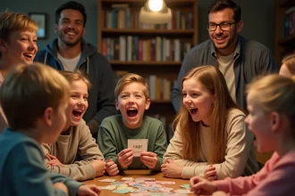 Famille jouant à un jeu de gages autour d'une table en bois, enfants hilares tenant des cartes de gages lors d'une soirée jeu