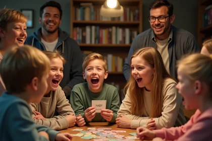 Famille jouant à un jeu de gages autour d'une table en bois, enfants hilares tenant des cartes de gages lors d'une soirée jeu