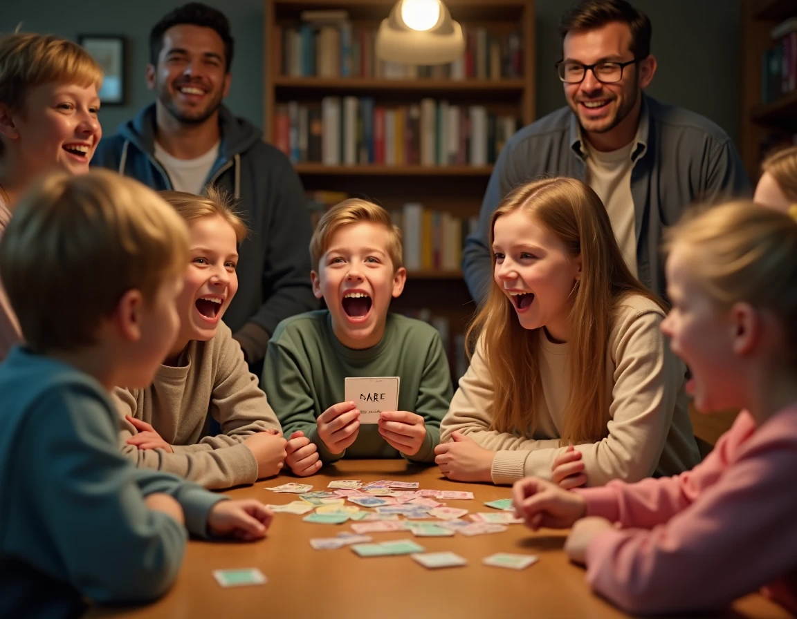 Famille jouant à un jeu de gages autour d'une table en bois, enfants hilares tenant des cartes de gages lors d'une soirée jeu