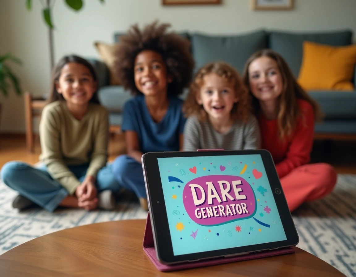 Trois enfants assis par terre regardent un générateur de gages sur tablette tactile dans un salon confortable