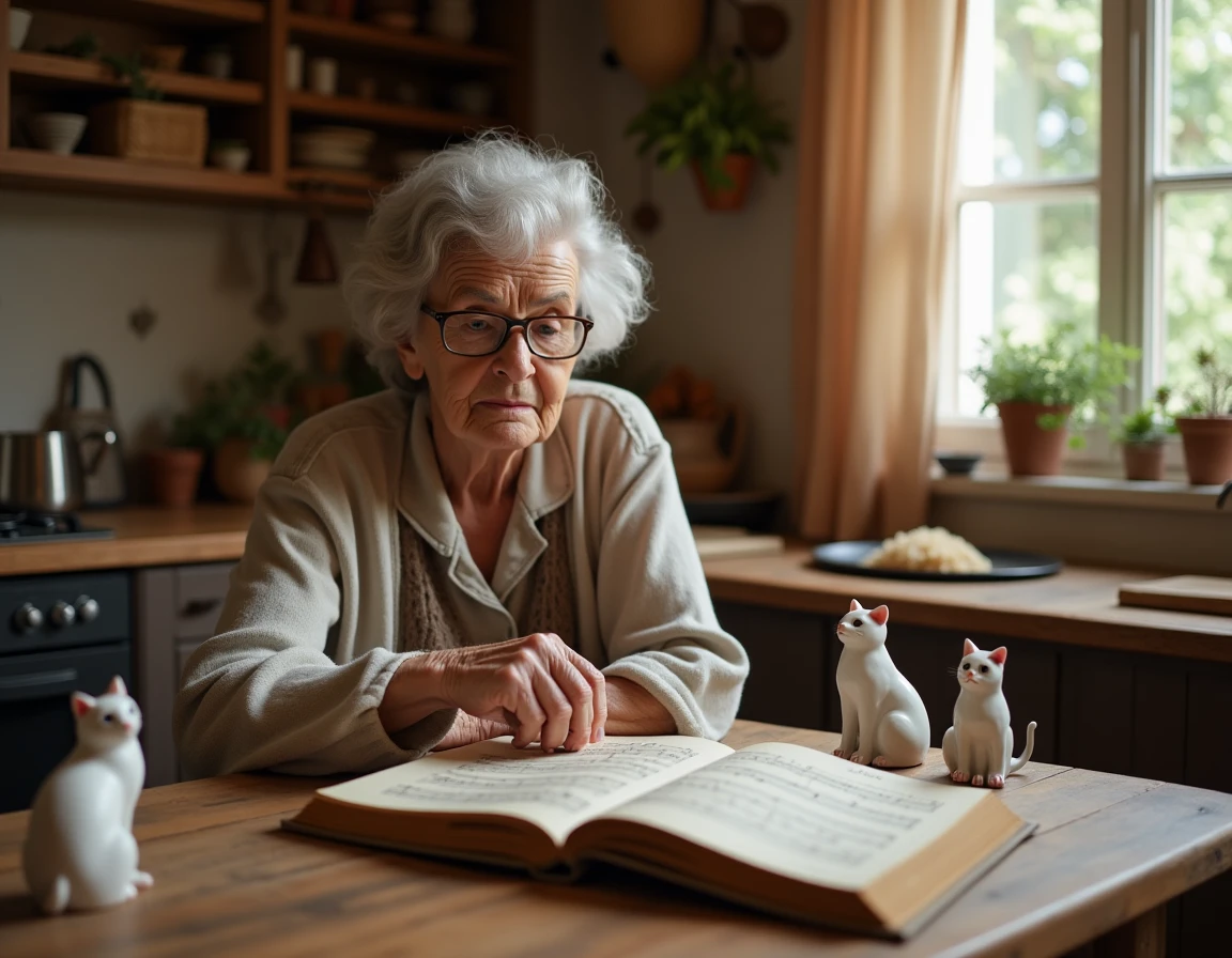 Grand-mère consultant un vieux recueil de comptines françaises avec des figurines de chats en céramique sur une table de cuisine rustique