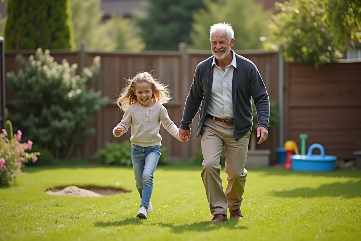 Grand-père jouant à cache-cache avec sa petite fille dans le jardin