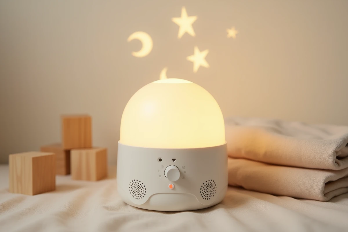 Gros plan d'une veilleuse avec projection musicale en plastique mat posée sur tissu crème dans un décor de chambre d'enfant