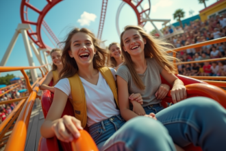 Jeunes adolescents souriants sur une montagne russe en plein air