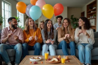 Groupe d'amis riant en jouant avec des ballons dans un salon