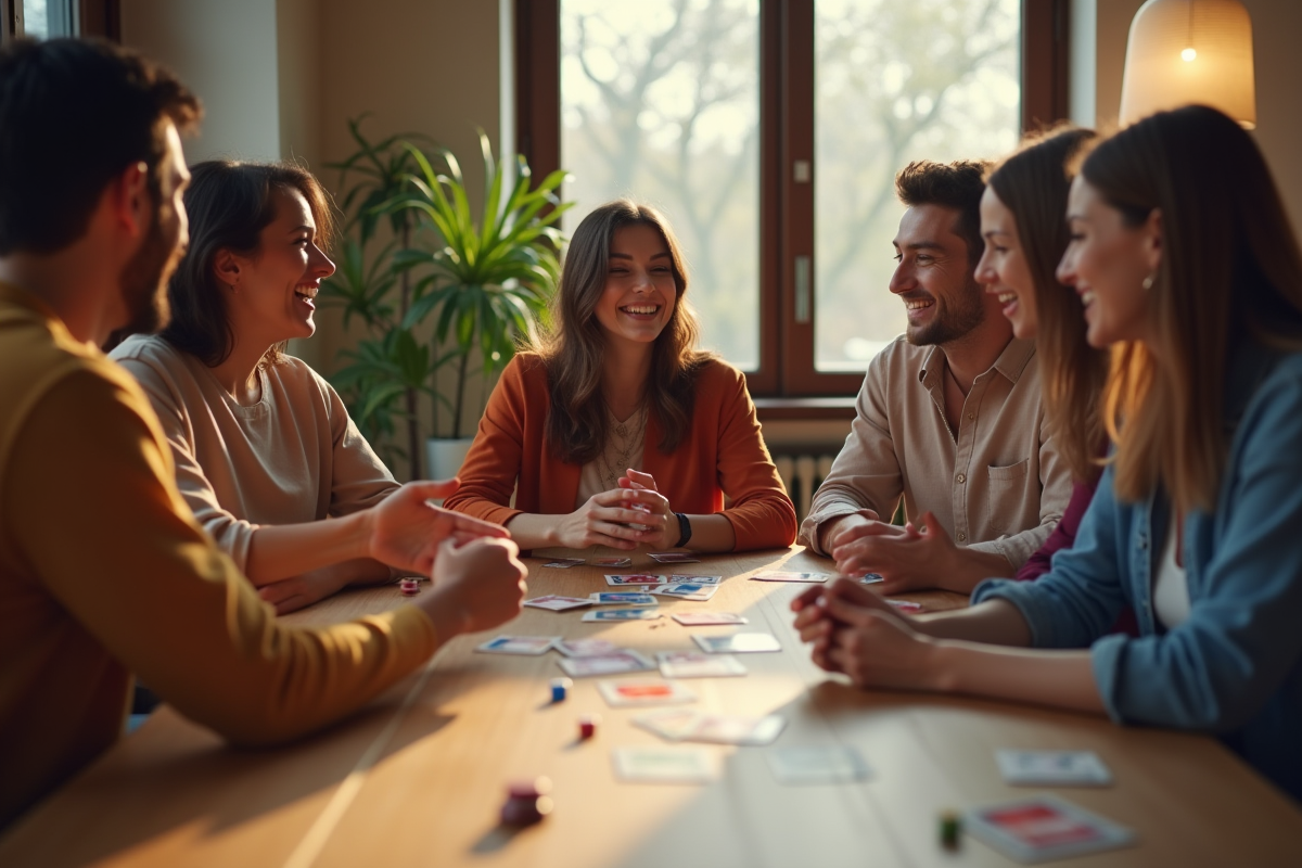 Groupe d'amis jouant à un jeu de société convivial