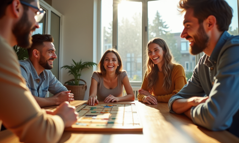 Groupe d'amis jouant à des jeux de société modernes