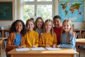 Enfants souriants dans une classe moderne et lumineuse
