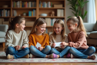 Groupe d'enfants jouant à un jeu de devinettes dans un salon chaleureux