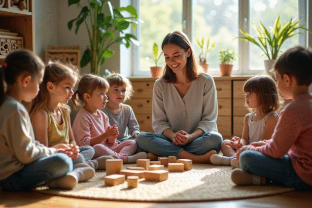 Groupe d'enfants Montessori en cercle avec enseignante