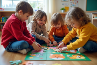 Enfants d'âge préscolaire assemblant un puzzle animal