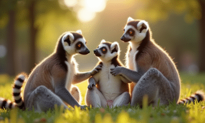 Lemurs jouant avec des enfants dans la nature ensoleillee