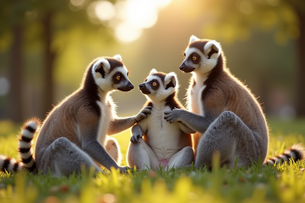 Lemurs jouant avec des enfants dans la nature ensoleillee