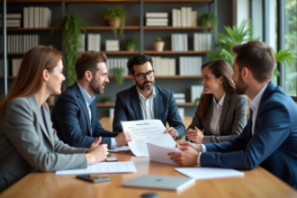 Groupe de professionnels en réunion dans un bureau moderne