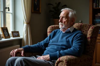 Homme âgé assis calmement dans un fauteuil en intérieur