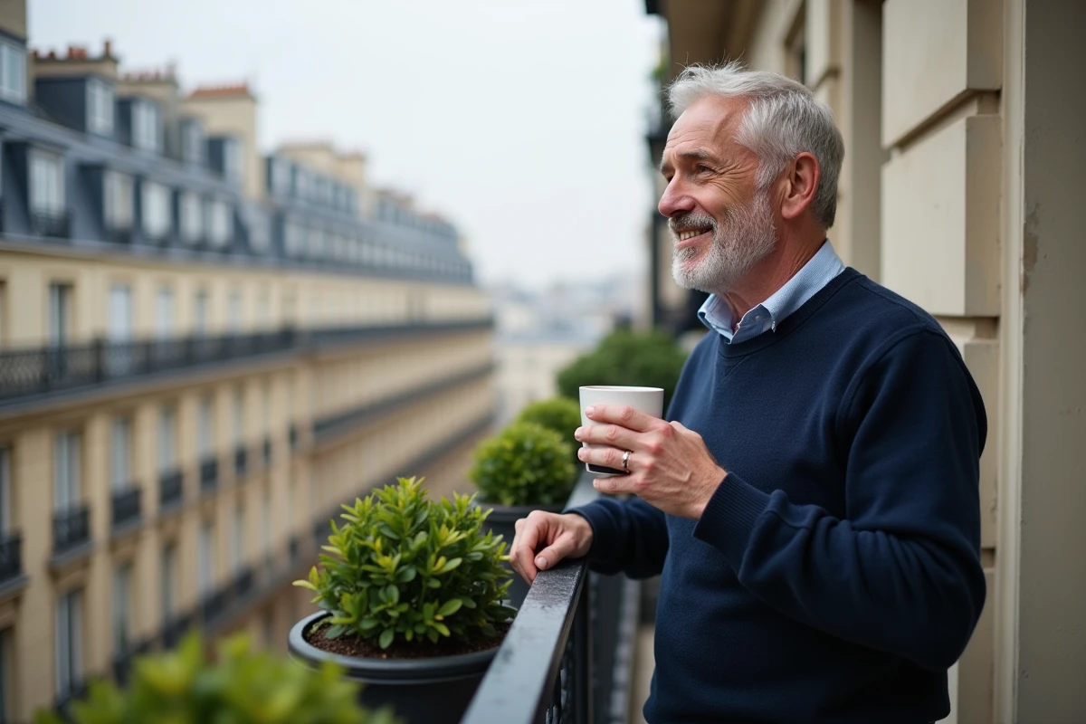 Homme souriant sur un balcon parisien en regardant la ville