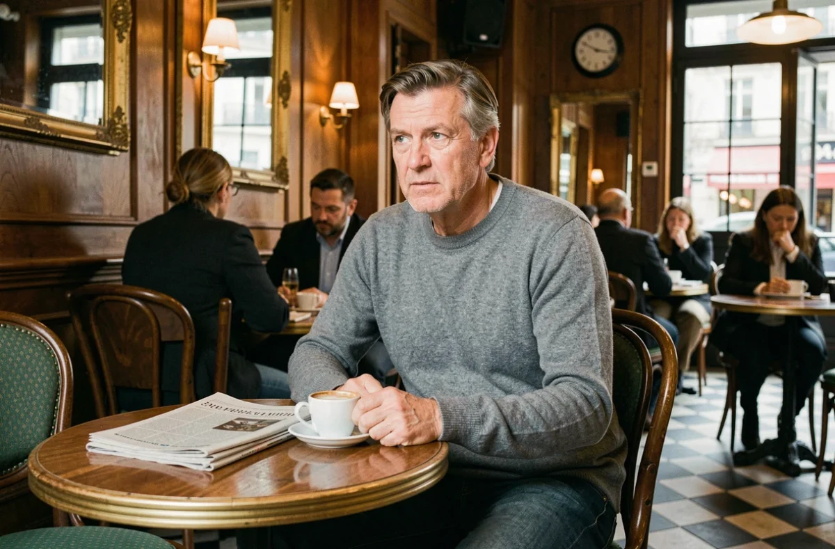 Homme français attablé dans une brasserie parisienne typique avec sol en carreaux et miroirs anciens