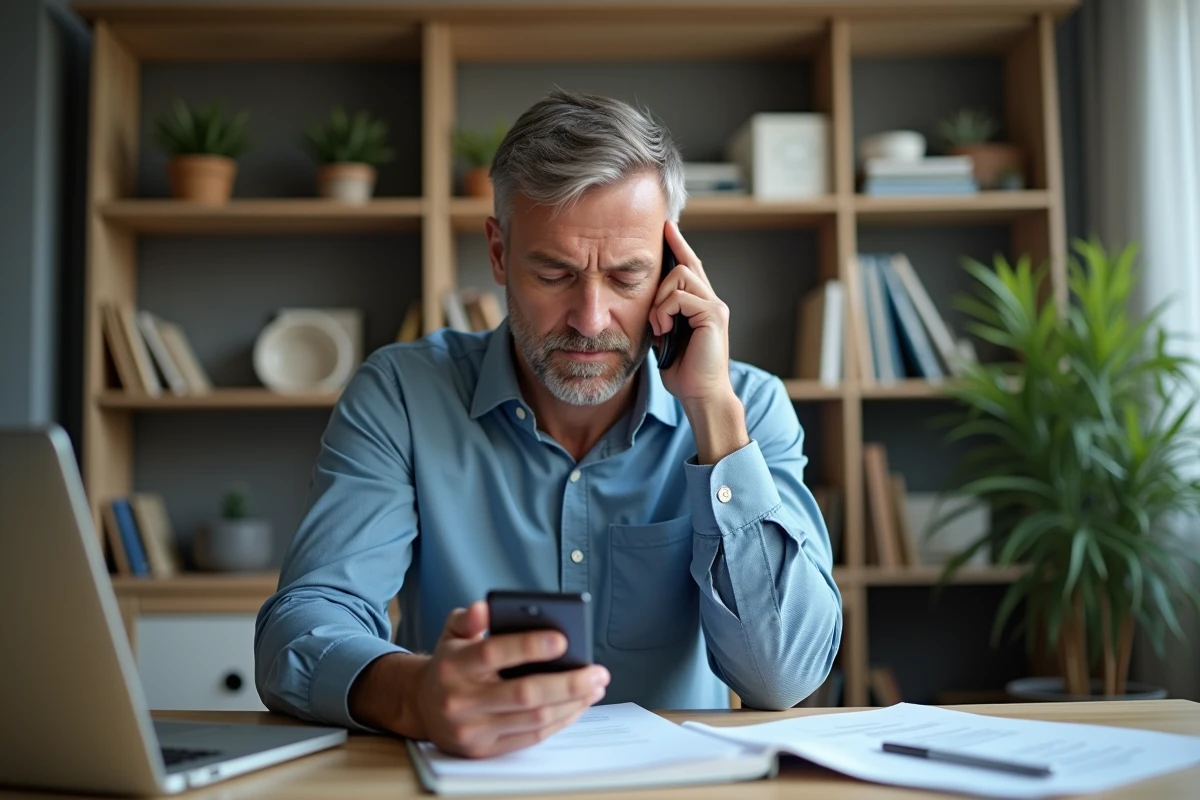 Homme d'âge moyen au bureau avec téléphone et notepad