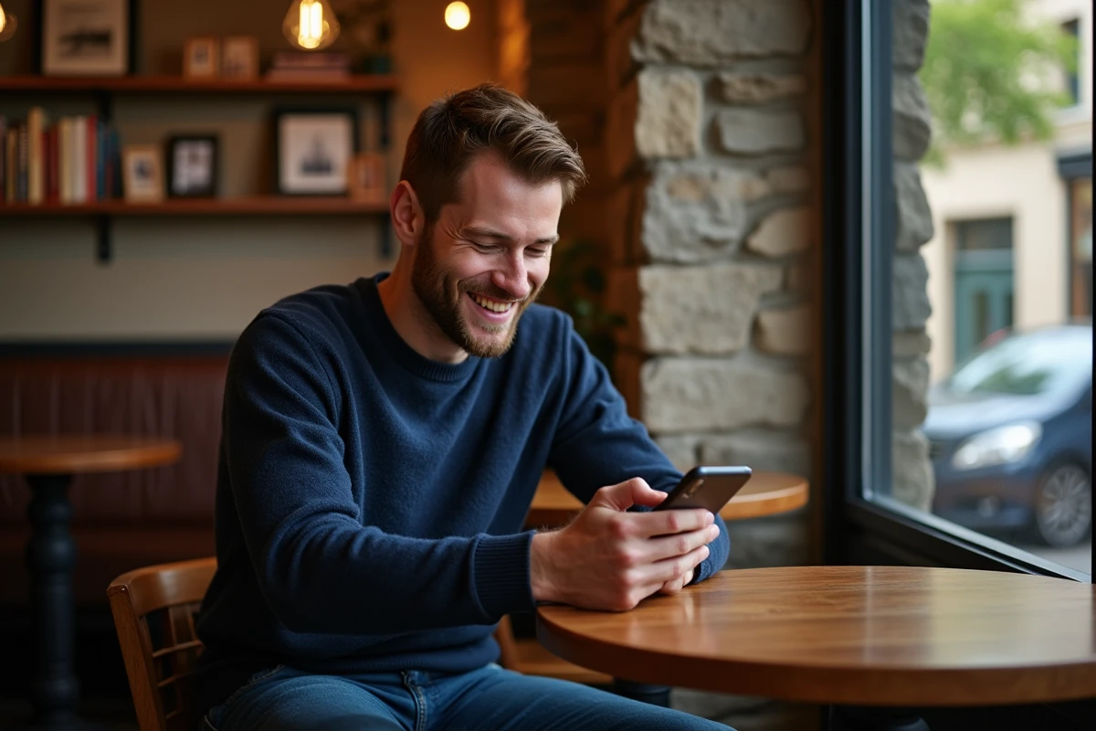 Homme souriant au smartphone dans un café cosy