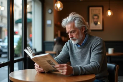 Homme d'âge moyen lisant un magazine dans un café parisien