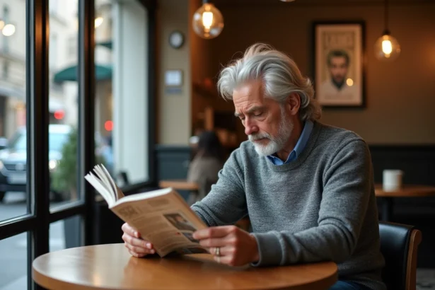 Homme d'âge moyen lisant un magazine dans un café parisien