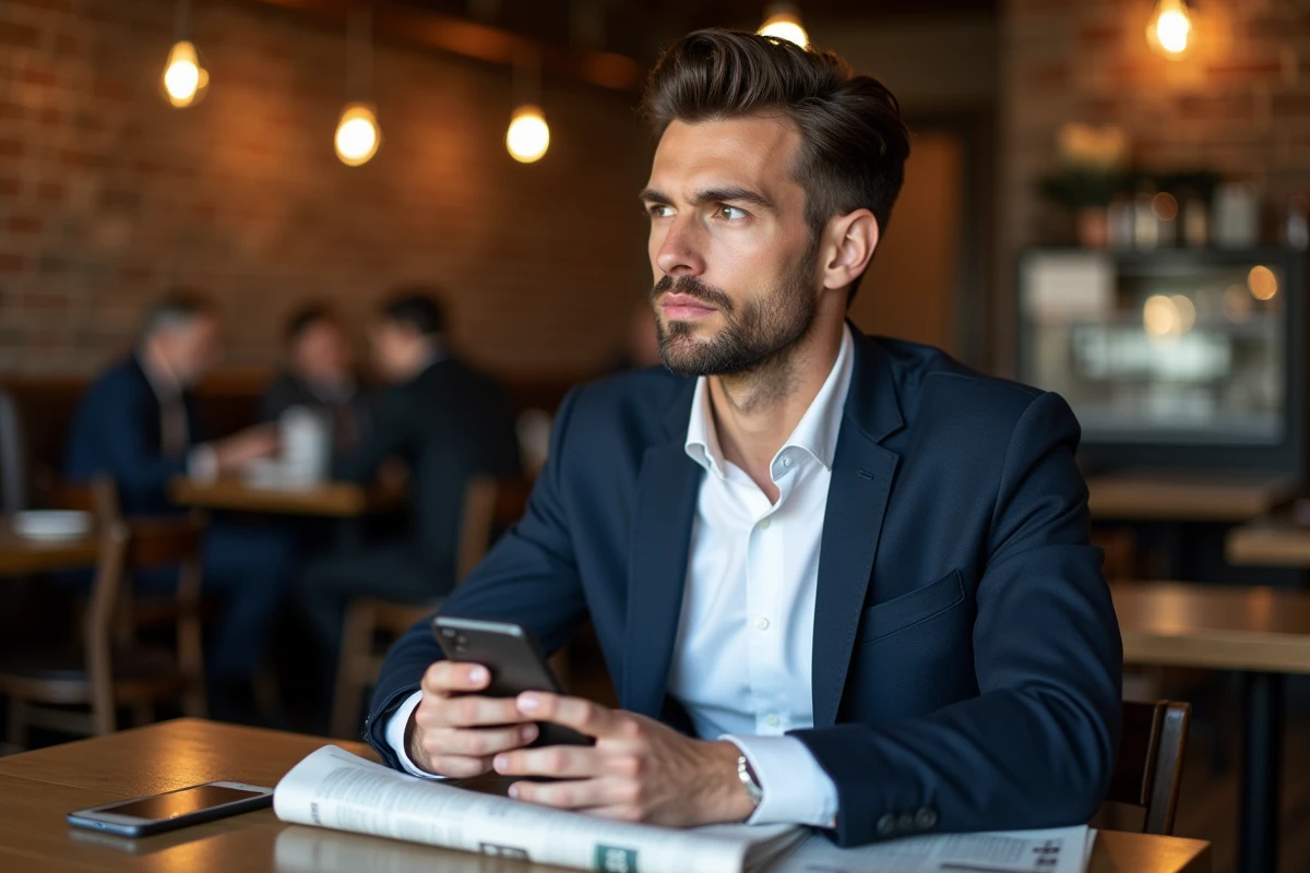 Homme pensif en café avec smartphone et journal