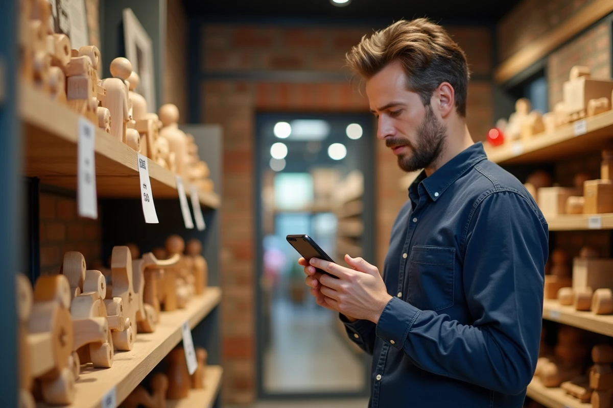 Homme comparant les prix et codes promo jouets en bois dans une boutique spécialisée avec son smartphone