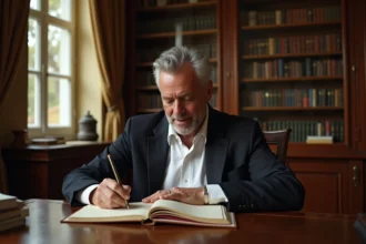 Homme d'âge moyen écrivant dans un bureau ancien