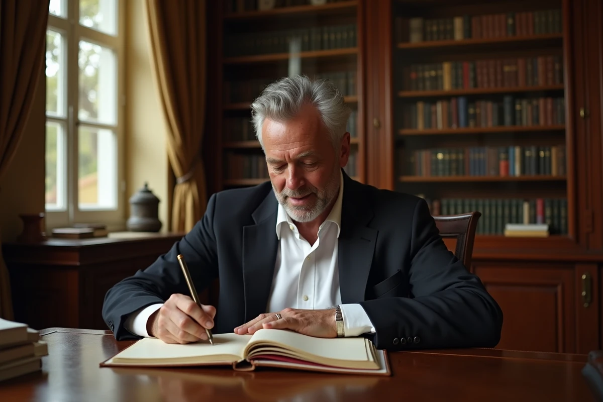 Homme d'âge moyen écrivant dans un bureau ancien