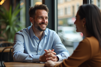Homme marié en café avec femme souriante et regard sincère
