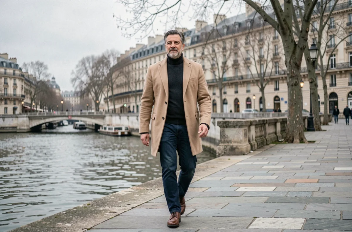 Homme en manteau beige marchant sur les quais de la Seine à Paris par temps nuageux