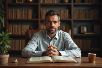 Homme méditant avec textes religieux sur un bureau