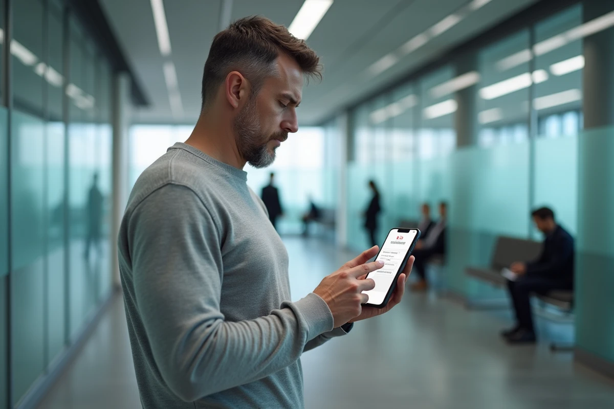 Homme consultant le portail Justice Parloir sur son smartphone dans le couloir d'un bâtiment administratif