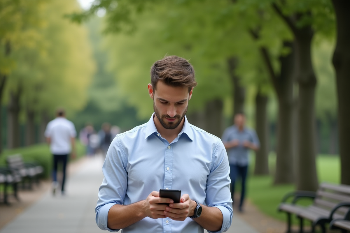 Jeune homme vérifiant sa liste de tâches dans un parc urbain
