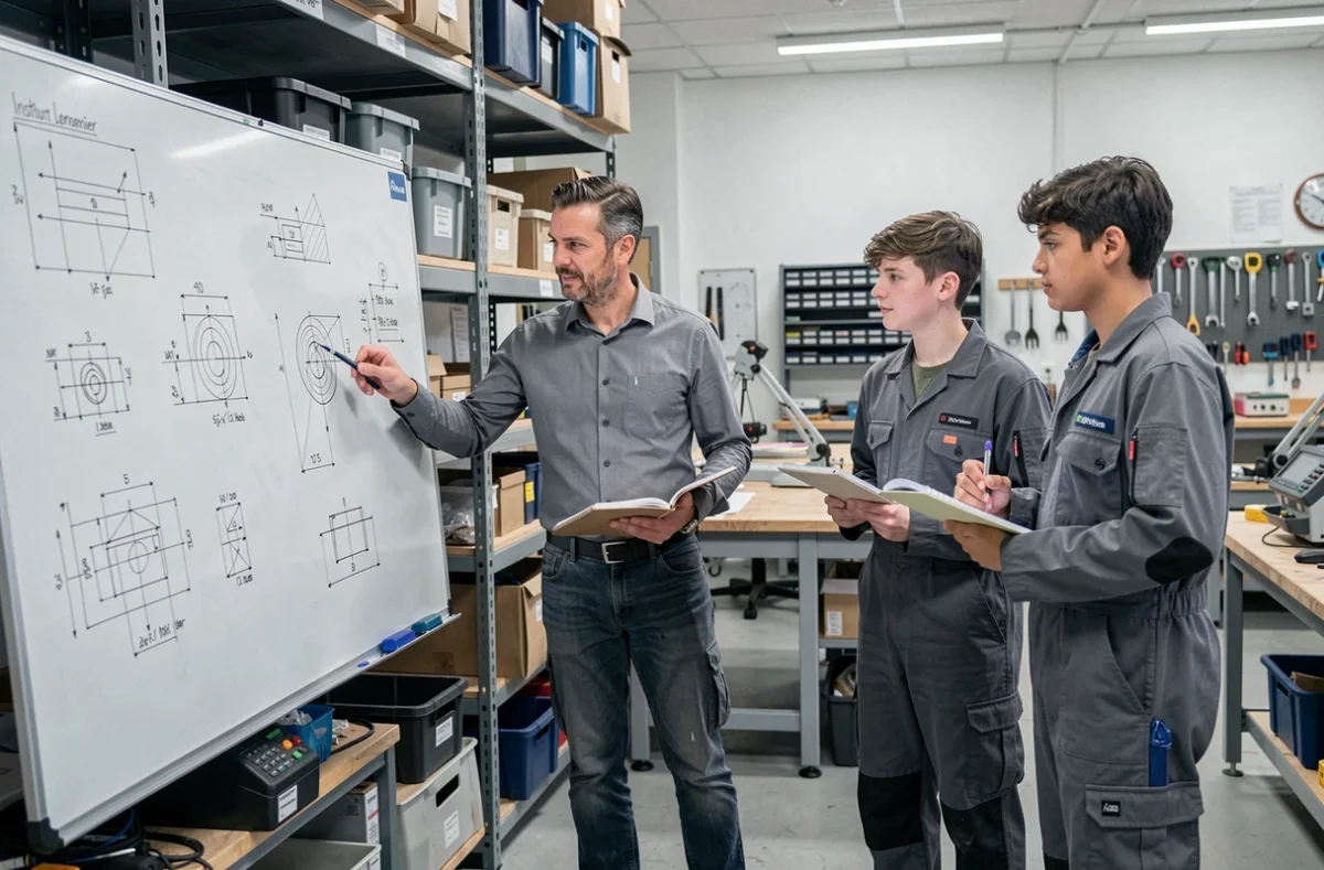Enseignant et étudiants en cours technique à l'Institut Lemonnier de Caen, lycée privé professionnel