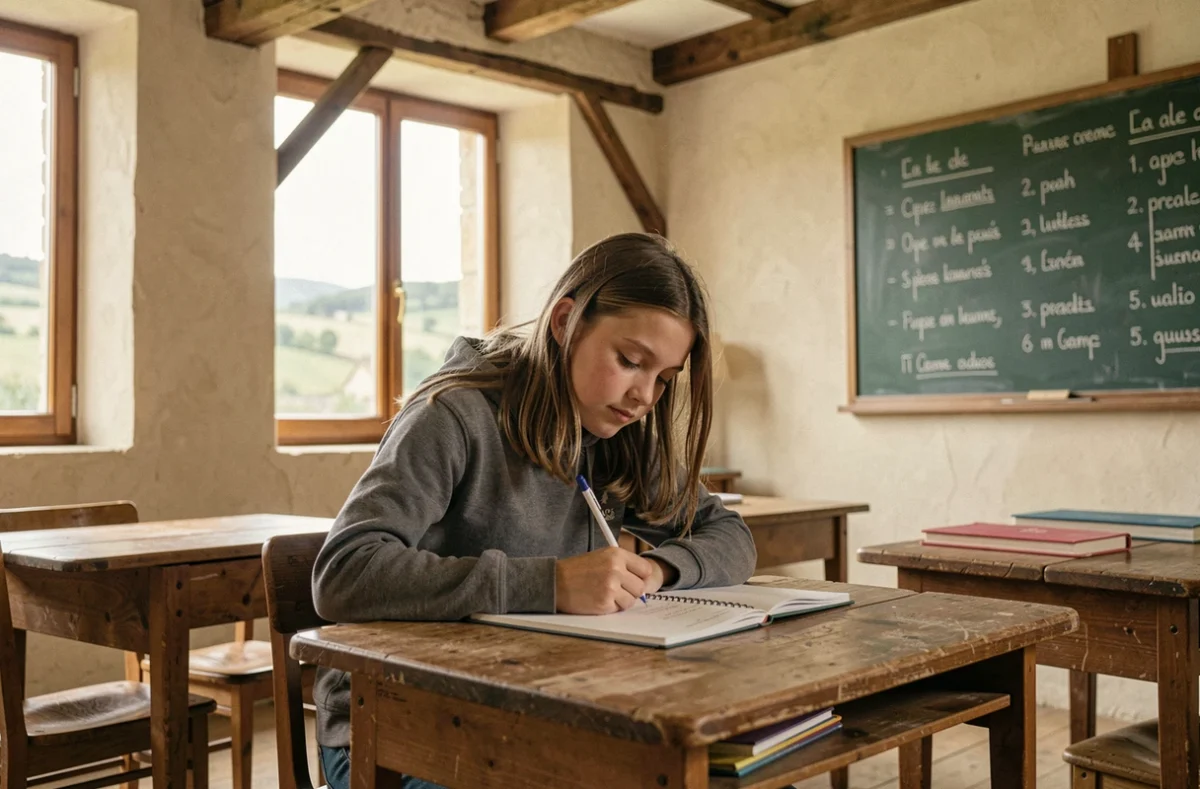 Collégienne en cours dans une classe de l'Institut Notre-Dame d'Orbec, école privée en milieu rural normand