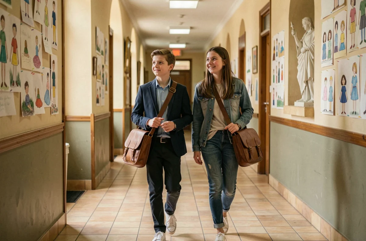 Élèves dans le couloir de l'Institution Saint-Pierre à Caen, école catholique privée multi-niveaux