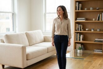 Femme satisfaite dans un salon bien rangé et propre, illustrant un intérieur soigné grâce à un service de ménage professionnel à Compiègne