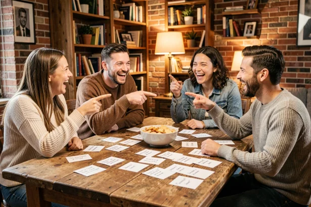 Groupe d'amis jouant à un jeu de questions croustillantes autour d'une table en bois avec des cartes manuscrites